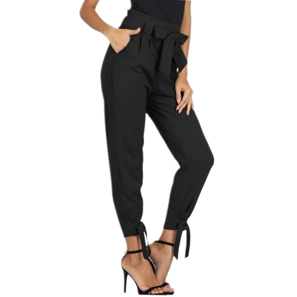 Grace Karin Women's Casual Pants Solid High Waist  Black Tie-Waist Pants, Size L - Picture 1 of 3